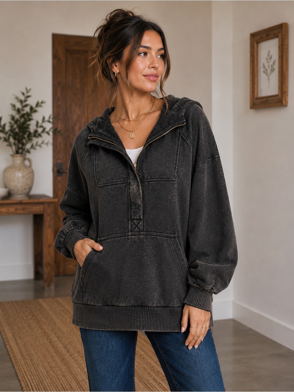 923. Women’s Ash Black Acid Washed Hooded Kangaroo Pocket Zip Sweatshirt NEW